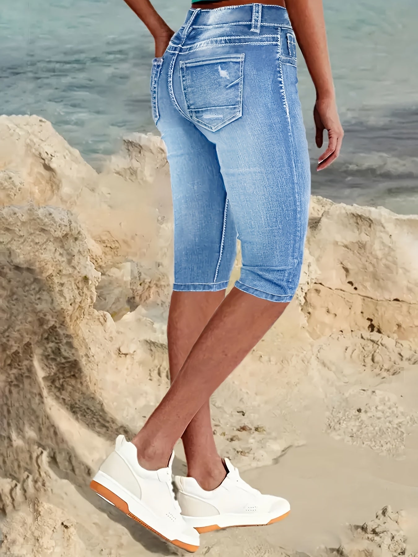 Plus Size Blue High Waisted Stretchy 7/8 Denim Capris for Women, Cuffed Hem Distressed Jeans with Front Slant & Back Pockets, Minimalist Street Style Versatile Pants for Spring Summer Daily Outings