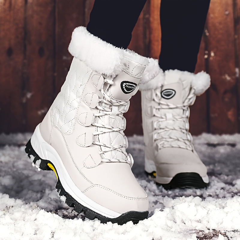 Ladies' High Top Outdoor Snow Boots, Non Slip And Warm Boots With Thick Fleece, Suitable For Outdoor Travel, Rubber Sole, Synthetic Leather Material