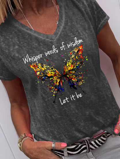 Plus Size, Women's V-Neck Short Sleeve T-Shirt- Soft Casual Style Suitable for All Seasons, Printed with "Whisper of Wisdom" Pattern, Machine Washable Top, Suitable for Daily Wear and Casual Outfits