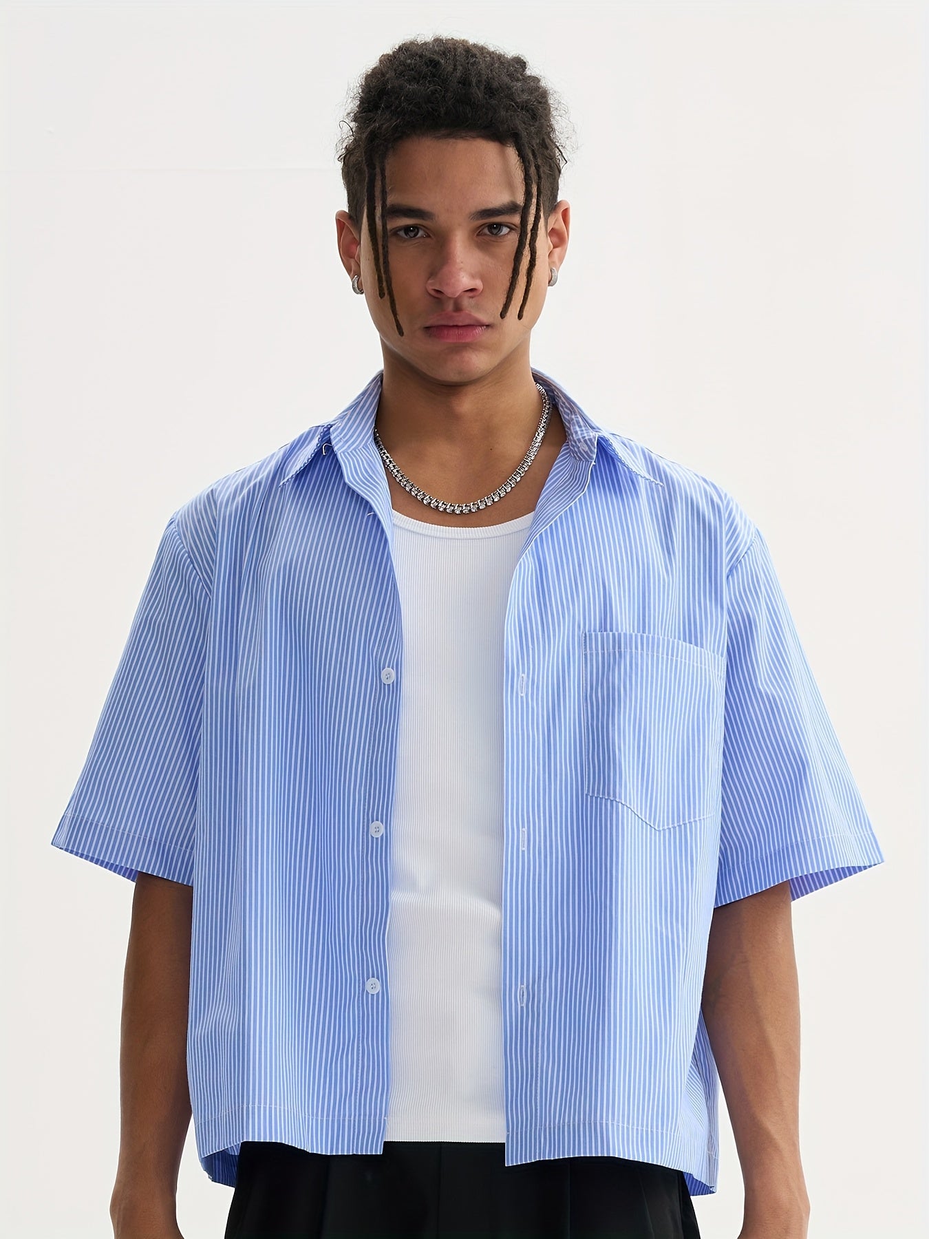 Unisex Casual Striped Shirt - Oversized, Loose Fit, Short Sleeve with Chest Patch Pocket | Lightweight Polyester Fabric | Perfect for Everyday, Beach, Party & Streetwear | Casual Attire | Chic Casual Style | Nontransparent Fabric