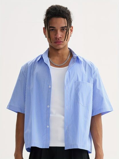 Unisex Casual Striped Shirt - Oversized, Loose Fit, Short Sleeve with Chest Patch Pocket | Lightweight Polyester Fabric | Perfect for Everyday, Beach, Party & Streetwear | Casual Attire | Chic Casual Style | Nontransparent Fabric