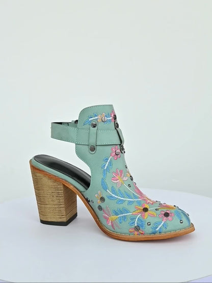 2025 New Women's Chunky Heel Ankle Boots, Pointed Toe Floral Vintage Style with Comfortable Open Back Strap, Women Shoes