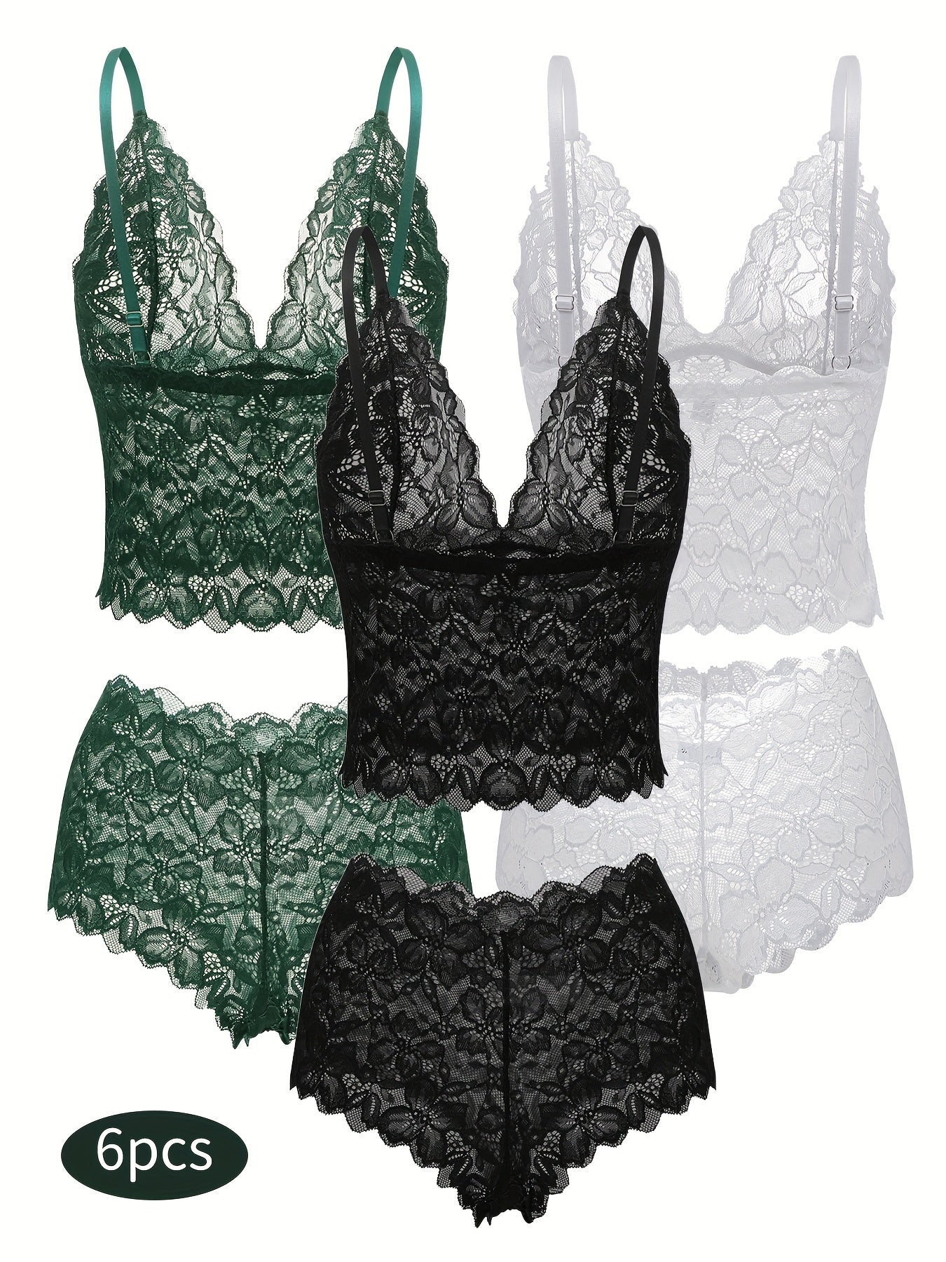 6pcs Women's Sexy Transparent Floral Lace Pajama Lingerie Set High Waisted Pajamas Breathable Sexy Erotic Bra And Panties Six Piece Pajama Set, All The Romantic Style!,