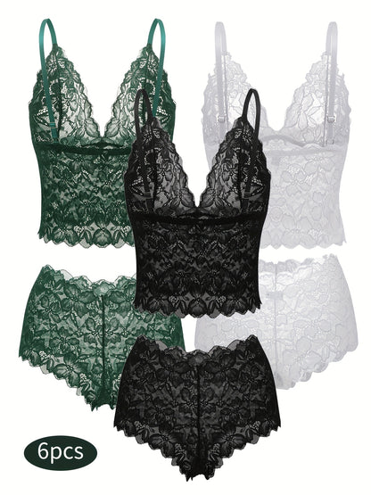6pcs Women's Sexy Transparent Floral Lace Pajama Lingerie Set High Waisted Pajamas Breathable Sexy Erotic Bra And Panties Six Piece Pajama Set, All The Romantic Style!,