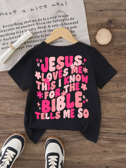 Summer Fashion Girls' 3pcs Multi-Color Cartoon T-Shirt Set with "CUTE BUT FERAL", "JESUS LOVE ME", and "A LITTLE DRAMATIC" Double-Sided Cartoon Letter Print