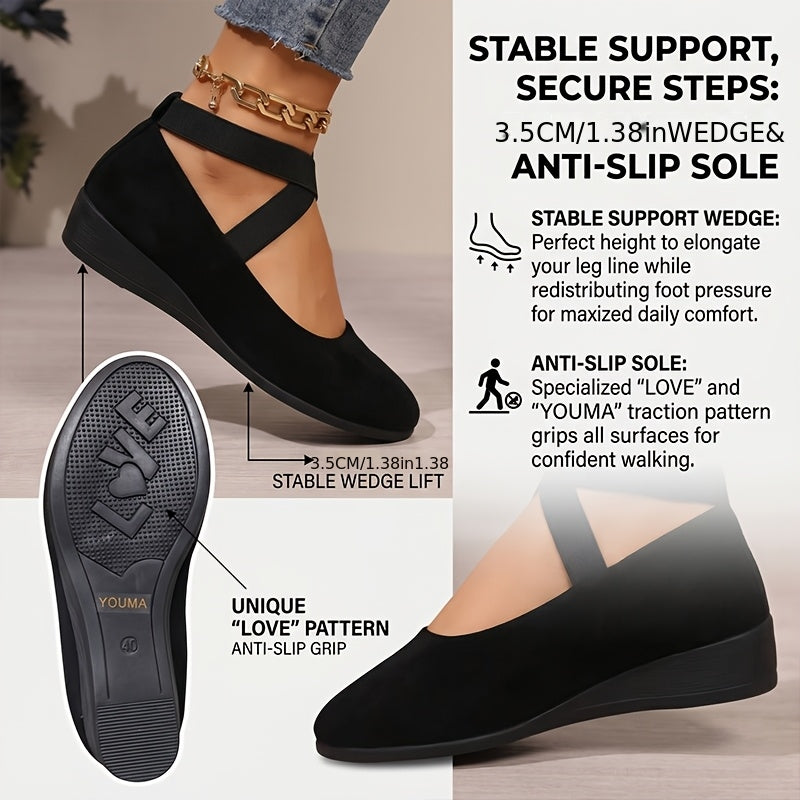 2026 New Women's Black Fashionable One-legged Loafers, Elastic-belt Comfortable Soft Sole Ballet Shoes, Lightweight Wedge Daily Casual Shoes, Solid Color Elegant Flat Shoes, Women Shoes