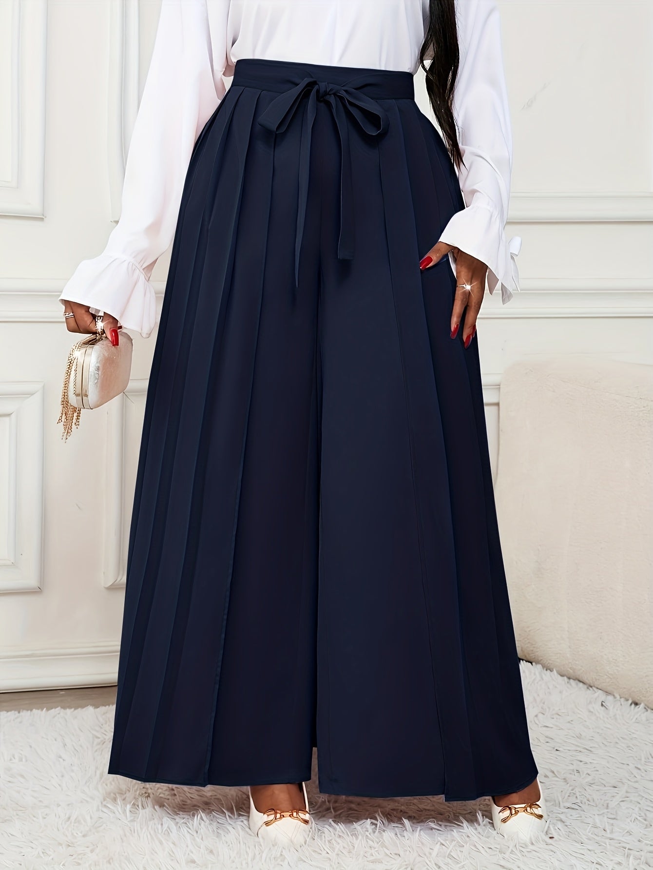 Plus Size - Plus-size Women'S Pants With Elegant Pleats, Removable Design, Two-way Wear, Straight-leg Style, Retro Chic, Casual, Suitable For All Seasons Throughout The Year.
