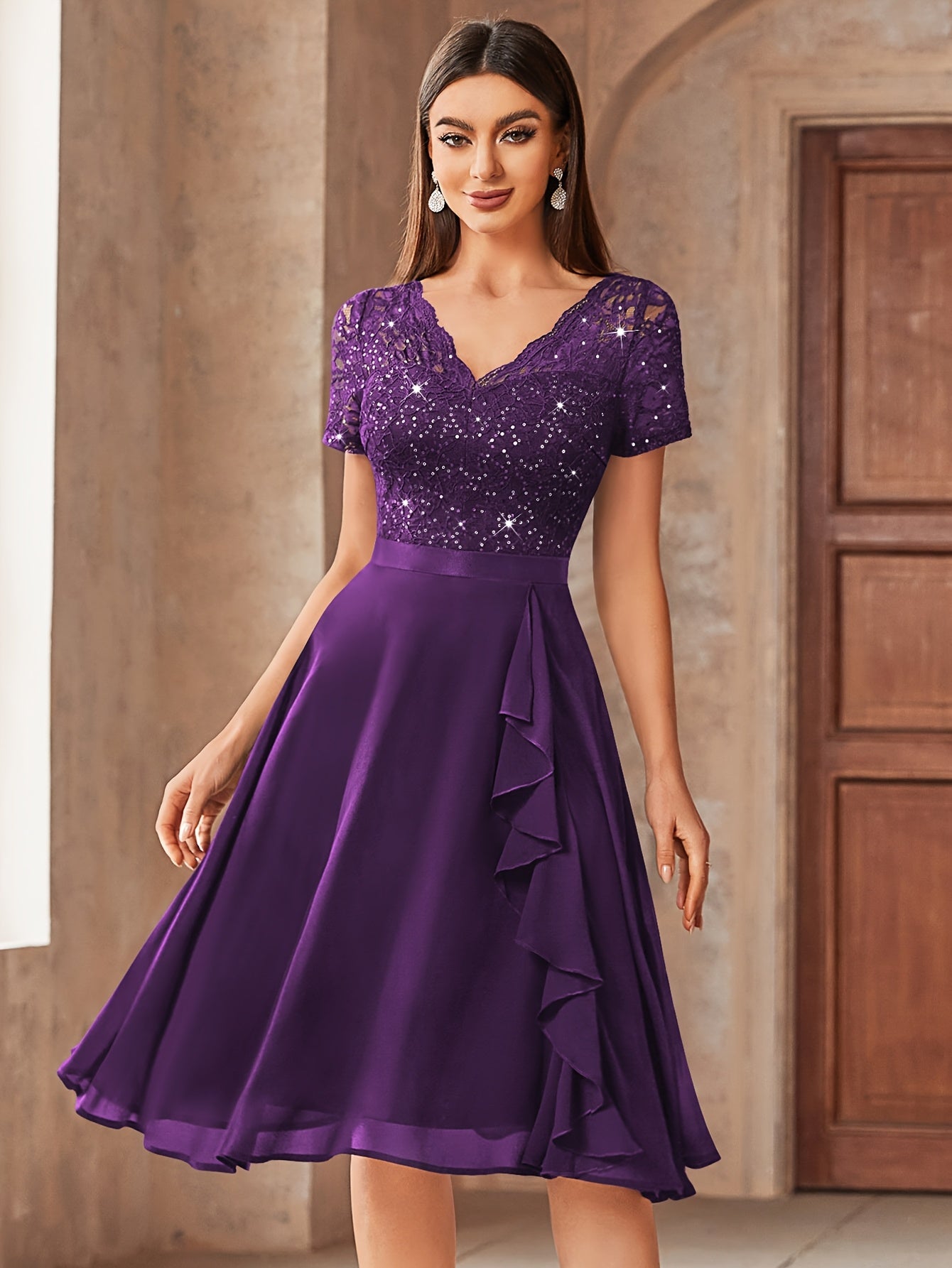 24224 Elegant Womens Sequin Lace Chiffon A Line Bridesmaid Dress, V Neck Short Sleeves, Ruched Ruffle Hem, Perfect for Graduation Season, Wedding Season, Summer Wedding Guest, Evening Party, Cruise Party And Birthday Celebration