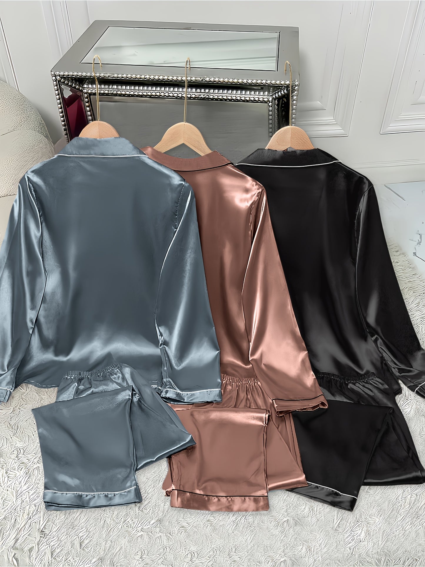 3pcs Women'S Satin Pajama Set - Casual Solid Color Long Sleeve Shirt & Elastic Waist Pants, Lapel Collar, Button Detail, Fall/Winter Sleepwear