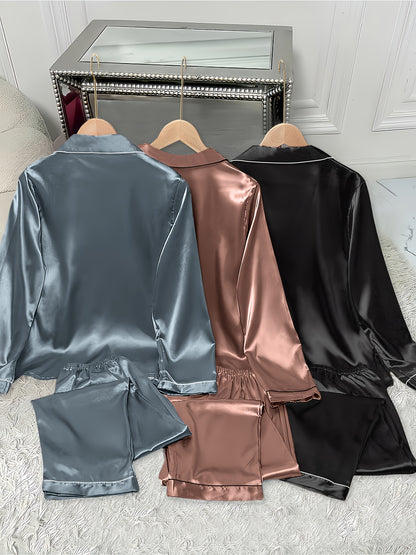 3pcs Women'S Satin Pajama Set - Casual Solid Color Long Sleeve Shirt & Elastic Waist Pants, Lapel Collar, Button Detail, Fall/Winter Sleepwear