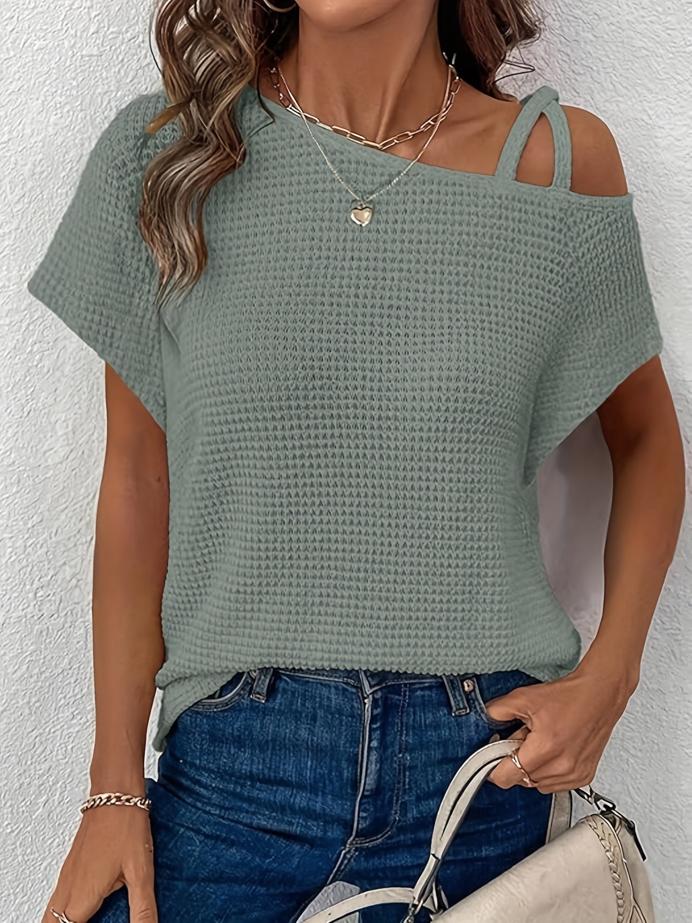 Women'S Summer Off Shoulder Waffle Short Sleeve T-Shirt Solid Color Top