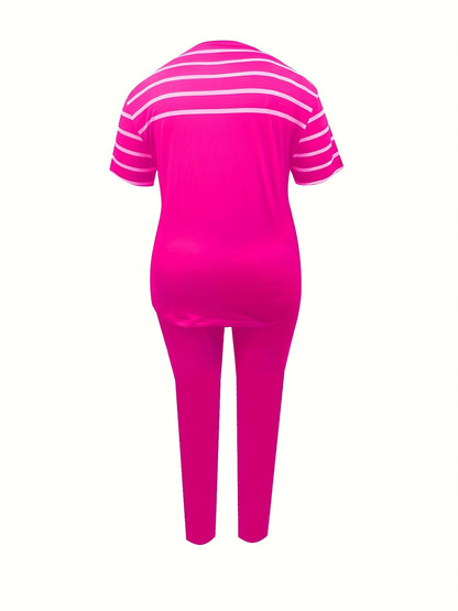 Plus Size, Ladies Plus Size 2pcs Suit, Letter Printing with Blessing, Pinstripe Coat, Trousers with Pockets, Ladies' Daily Casual Fashion Suit.