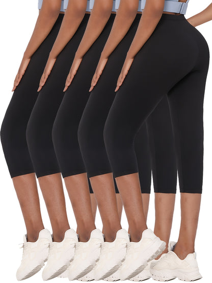 5 Pack LUCKYUM Women's High-Elastic Capri Athletic Leggings - Full Coverage Non-See-Through Workout Pants, Solid Color Yoga Running Gym Wear, 5pcs Bulk Pack for Team/ Use (Spring/Summer/Fall) - Machine Washable 5 Pack Offer