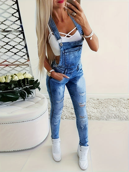 Women'S Stretchy Ripped Y-Strap Wide-Band Skinny Denim Overalls