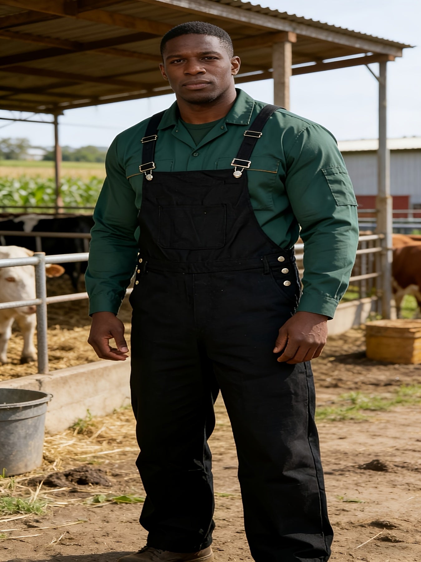 Plus-size Men's Loose-fitting Overalls, Suitable for Plus-size Men. Adjustable Straps, Durable Black Fabric, Suitable for Work And Outdoor Wear., PLUS SIZE