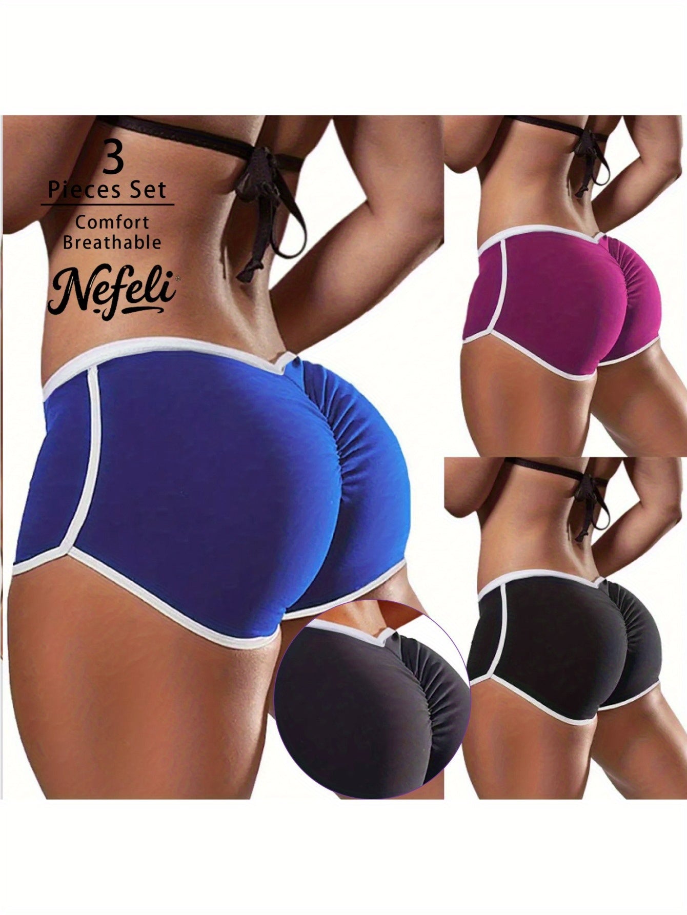3 Women'S Shorts - Low Waist Opaque Compression Hip Lift Design, Tight Bikini Style Shorts, Blue/ Purple/ Black, Suitable for, Casual Wear, Easy-To-Wash And Seamless Design