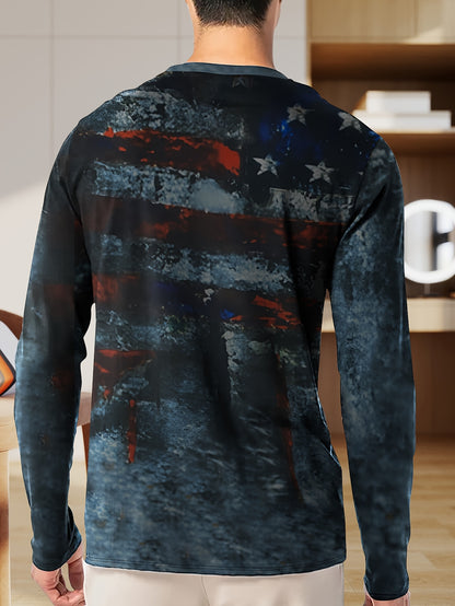 1 Men's American Flag Print Long-Sleeve T-Shirt - Casual Crew Neck All-Season Fit, Machine Washable Polyester Top for Year-Round Wear, Christmas & Halloween Gift for Men