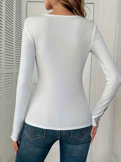 Women's Elegant Blouse - Long Sleeve Formal Party Tops with Rhinestone Accents, Machine Washable Party & Everyday Outfits - Non-Transparent Women's Clothing, Evening Wear, Nontransparent Fabric, Office Attire, Chic Fashion, Delicate Lace Detailing, Lace T