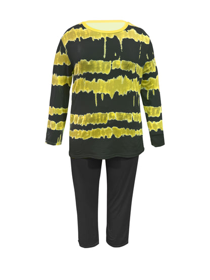 Plus Size - Plus-size Fashion Tie-dye Striped Print Long-sleeved Trousers Suit, Suitable For Going Out