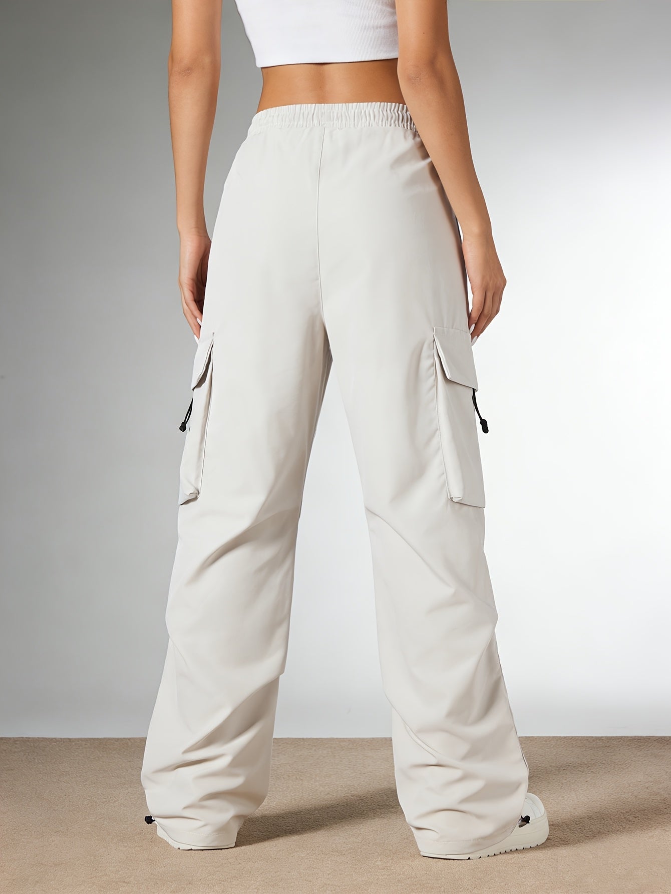 Women'S Casual Cargo Pants, Elastic High Waist Drawstring Loose Wide Leg Trousers, Multi-Pocket Utility Pants, Lightweight Quick Dry, Streetwear Y2K Style, Hiking Outdoor Jogger Pants for Daily/Travel/Workout, Black/Gray/Khaki
