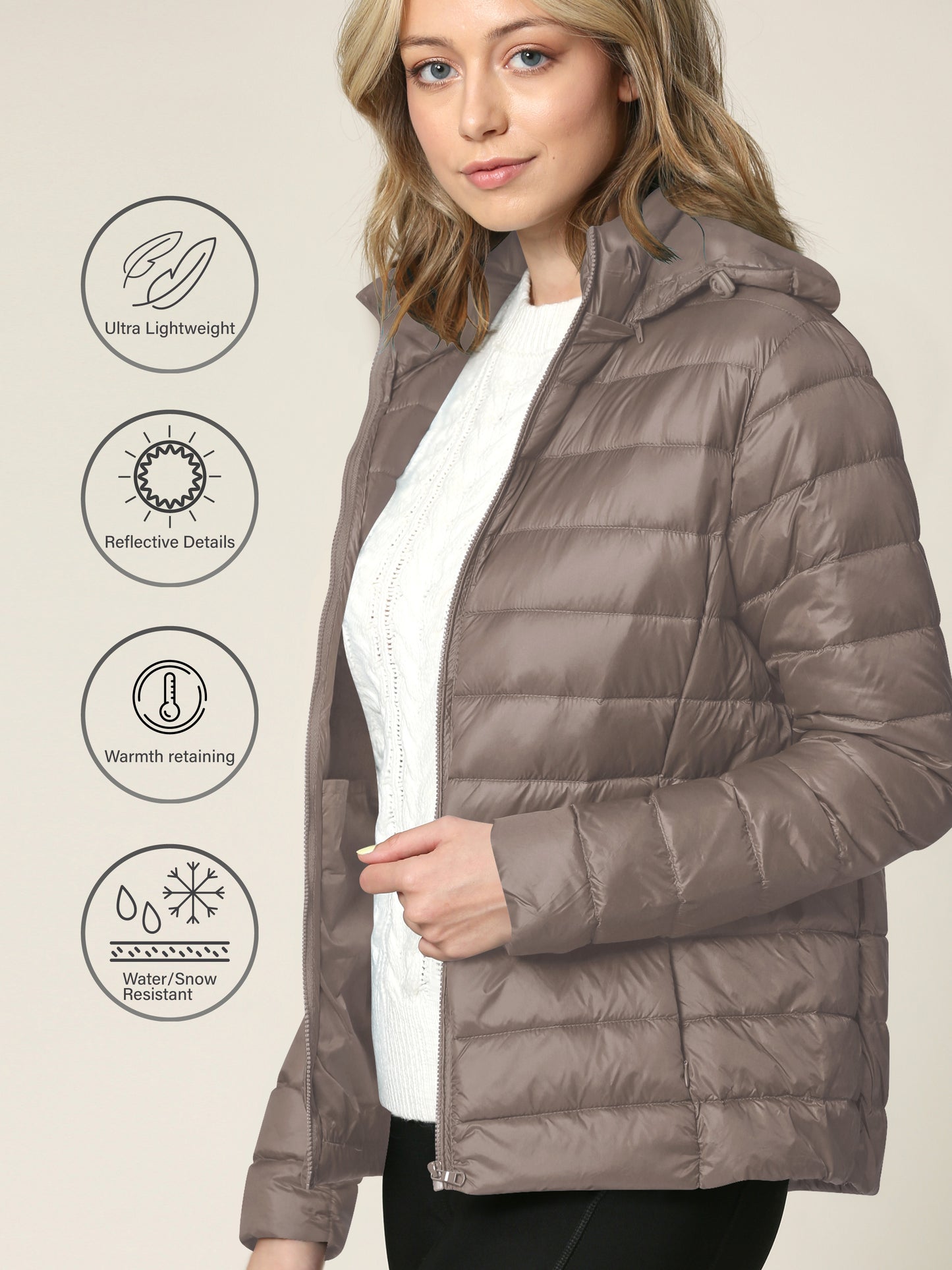 Women's Ultra Light Weight Packable Down Jacket with Removable Hood