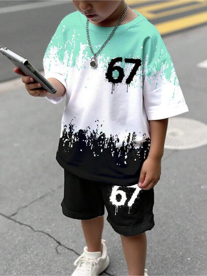 Kids' "67" Paint-Splash 2pcs Set: Mint/White/Black Short-Sleeve Tee& Shorts, Drip Art Number Print, Trendy Urban Design. Soft Breathable Casual Outfit, Cool Street Style for Boys. Perfect Summer Play/Clothes Wear, Comfortable Daily Kids' Clothing.