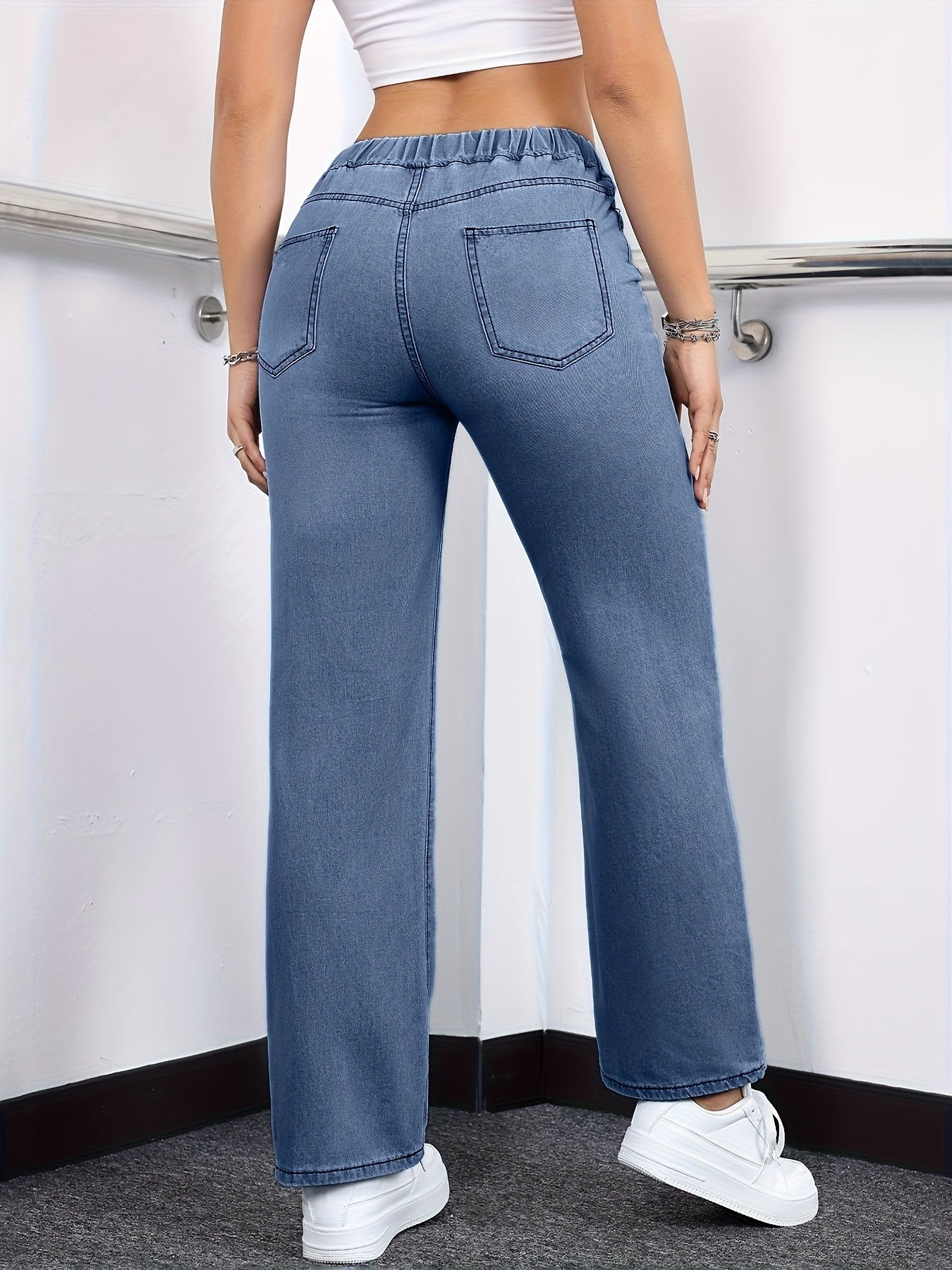 [Drawstring Waist Jeans] Plus Size Women's Drawstring Waist Straight Leg Jeans | High Waist Stretchy Washed Denim | Casual Trendy Comfy Jeans for Daily Wear | Flattering Fit