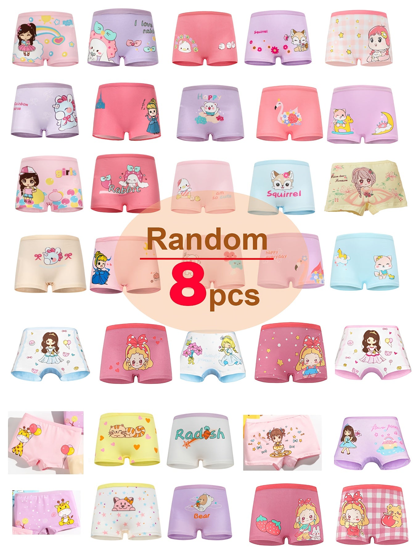 Vifine Random 8pcs Cute Cartoon Girl & Rabbit & Pony Print Briefs, Soft & Comfy Underwear Set, for All Season Wearing