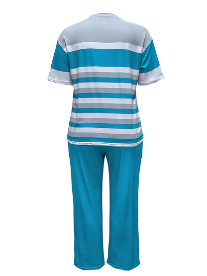 2pcs Women'S Plus Size Color Block Set - Elegant Crew Neck Long Sleeve Top & Straight Leg Pants, 95% Polyester 5% Elastane, Medium Stretch Knit Fabric, Machine Washable