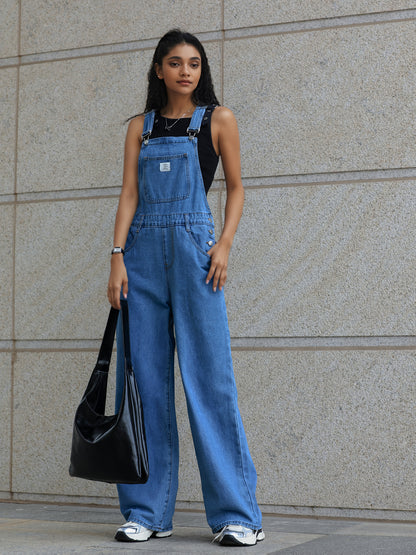 Fashion Multi-pocket Leopard Print Loose Denim Jumpsuit, Retro Old Trend Straight Wide-leg Pants Suitable for All Seasons.