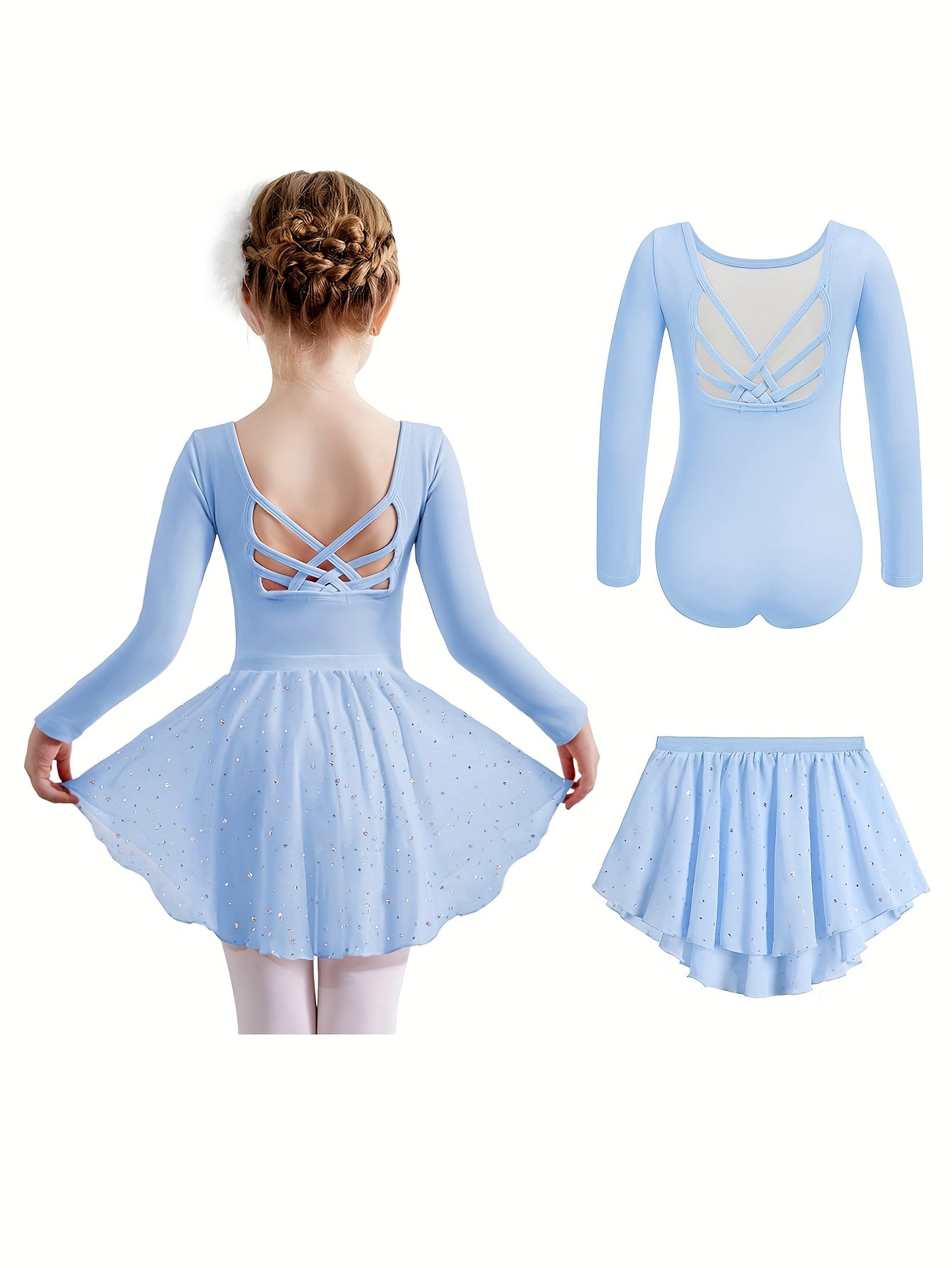 Girls' 2pcs Ballet Leotards Long Sleeve Cross-Back Dance Leotard with Detachable Shiny Skirt, Stretchy Polyester Dance Dress for Parties, Birthdays & Sports Events, Perfect for Outdoor, All Seasons, Gift for Back-to-School Season, Beach Essentials