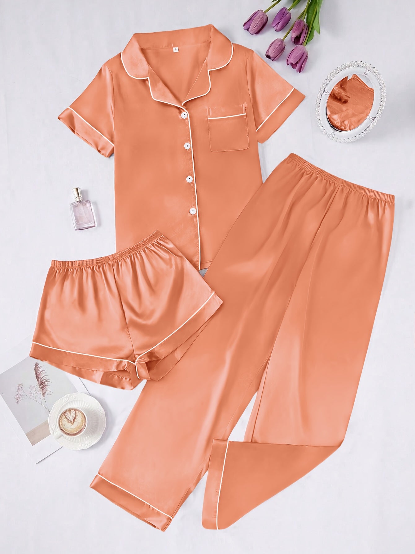 Solid Color Women'S Simple And Comfortable 3pcs Pajama Set, Includes 3pcss: Collared Short-Sleeve Top & Elastic Waist Shorts & Elastic Waist Long Pants Women'S Pajama Set