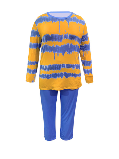 Plus Size - Plus-size Fashion Tie-dye Striped Print Long-sleeved Trousers Suit, Suitable For Going Out