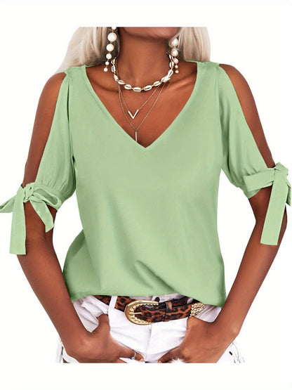 Women's Cold Shoulder Tops Short Sleeve V-Neck Casual Loose Cutout Summer Fashion Tshirts Blouse Shirts