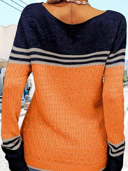 Color Block Sweater with Crew Neck, Casual Long Sleeve Pullover for Autumn And Winter, Women'S Apparel