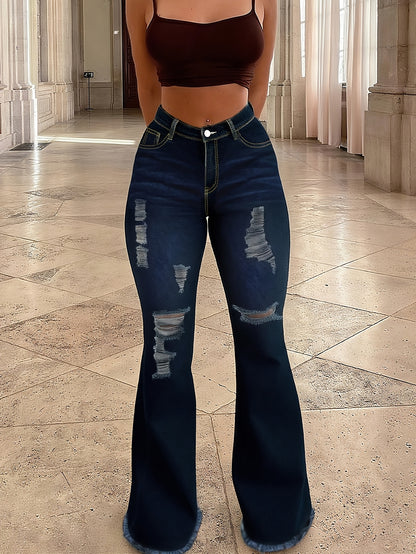 Women's Sexy Ripped Distressed Bell-Bottom Jeans - Mid-Rise Tight-Fit Pants with Full-Length Bell Flare Legs, Beltless & Machine Washable for Casual Outfits (//Daily Wear) - - Wearable in Stock
