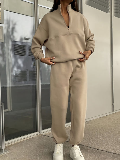 Two-piece Autumn and Winter New Fashion Zip-up Lapel Solid Color Casual Suit, SCACTO