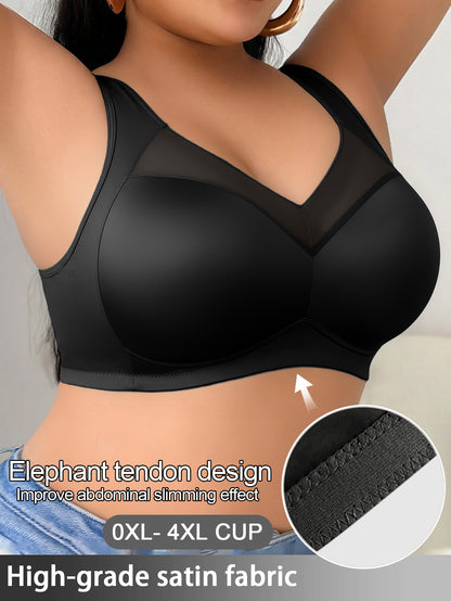 Women's Wire-Free Plus-Size Bra - Mesh Design, Sheer Satin Seamless Underwear, Comfortable Breathable Soft Support, Non-Adjustable Straps, Non-Removable Padding, Nylon Spandex Blend Smooth Bra, Suitable for Daily Wear