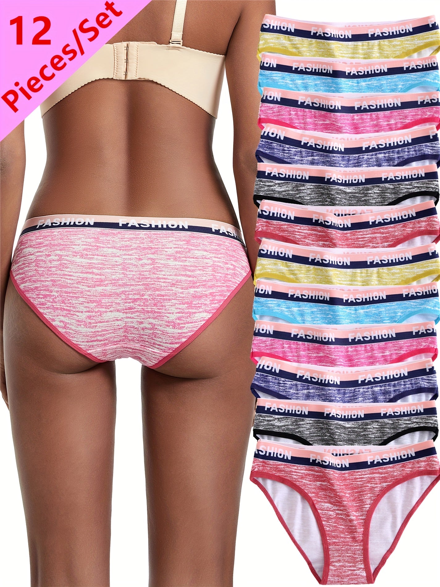 12pcs Camo Print Briefs for Women, Breathable Letter Print Sexy Panties Women's Colorful Striped Underwear Set