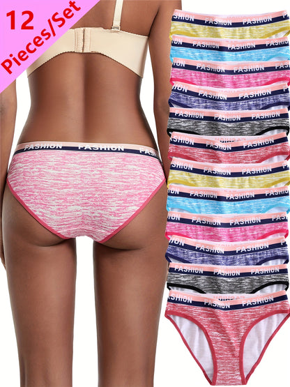 12pcs Camo Print Briefs for Women, Breathable Letter Print Sexy Panties Women's Colorful Striped Underwear Set