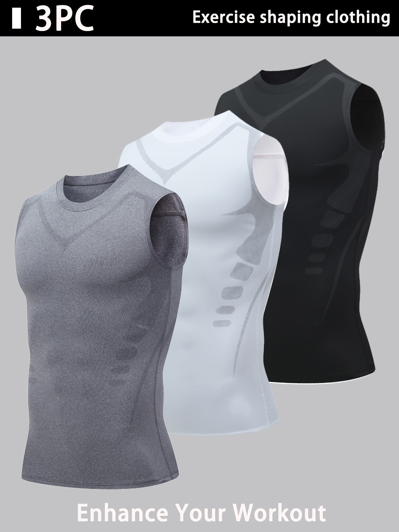3pcs Men'S Compression Quick-Dry Tank Top: Offered in Black, White, And Gray. Features a Round Neck And Sleeveless Style. Provides Breathability And Comfort. Fits Snugly on Muscles. Ideal for Fitness Ball Games, Running, Cycling, Plus Size