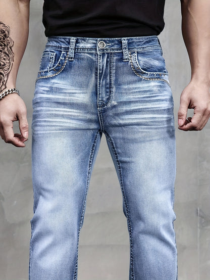 ESDVQ Men's Slim-Fit Classic Washed Denim Bell-Bottom Jeans - Mid-Stretch Machine-Washable Flared Pants with Suitable for All-Season Wear, Comfortable Stretchable Bell-Bottoms for Casual & Dressy Outfits
