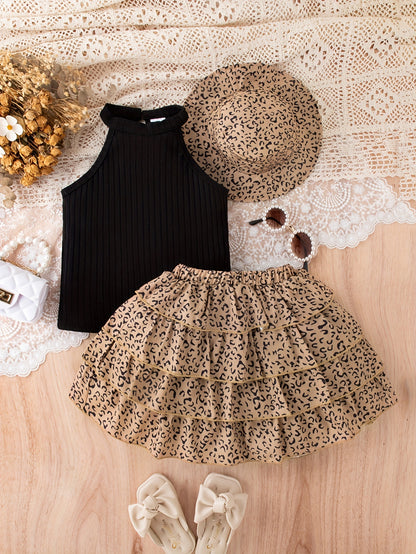 Three-Piece Vintage Leopard Print Outfit for Girls - Includes a Sleeveless Blend Bandeau Top, a Tiered Skirt, And a Matching Hat - Perfect Casual Summer Attire for Children Featuring Frill Accents
