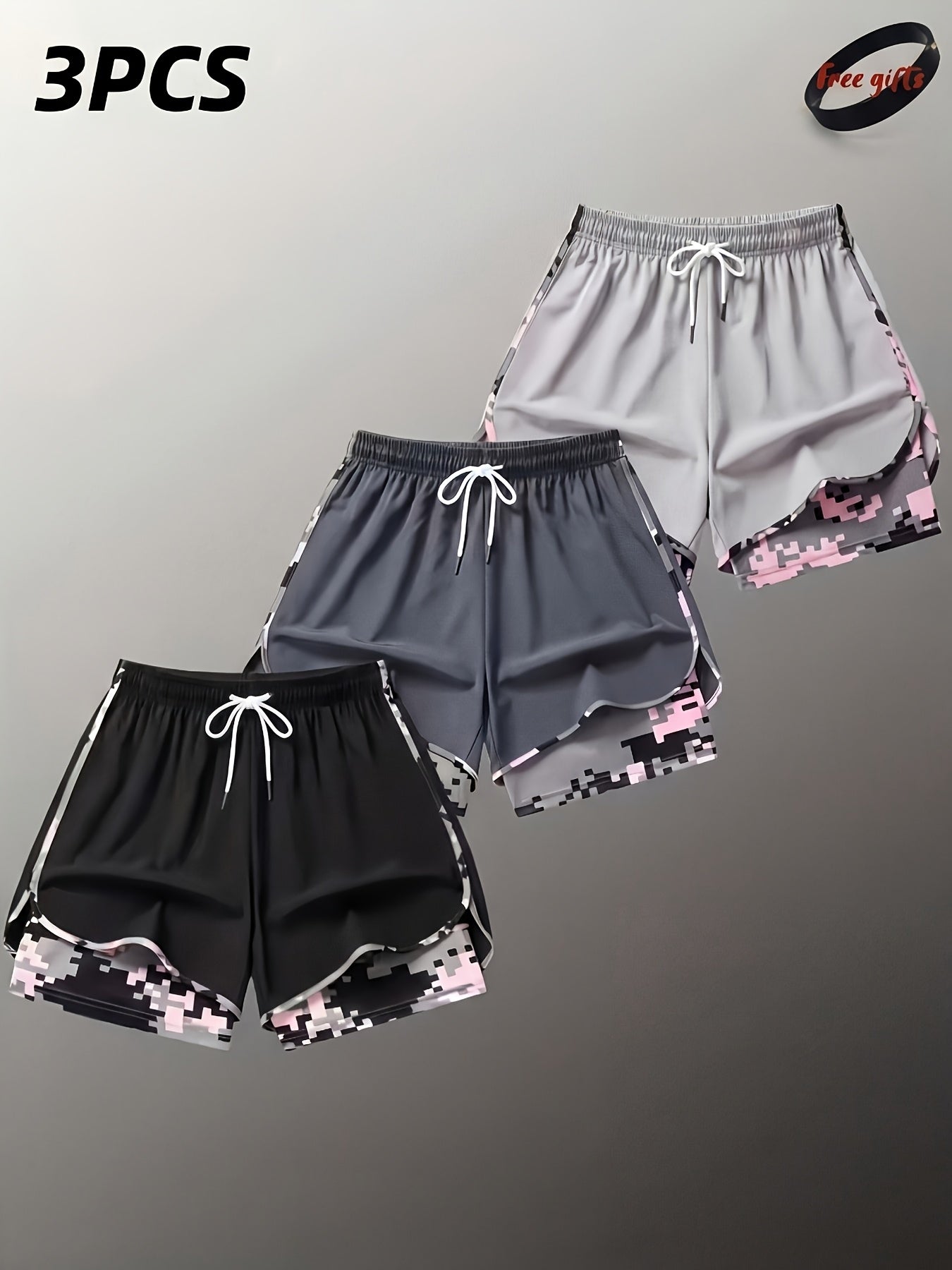 Three Pairs Of Women'S Summer Shorts, Double-layered Two-in-one Design, Camouflage Pattern, Breathable And Quick-drying, Drawstring Elastic Waistband, Side Mesh Pockets, Non-stretch Fabric, Sporty And Casual Style.