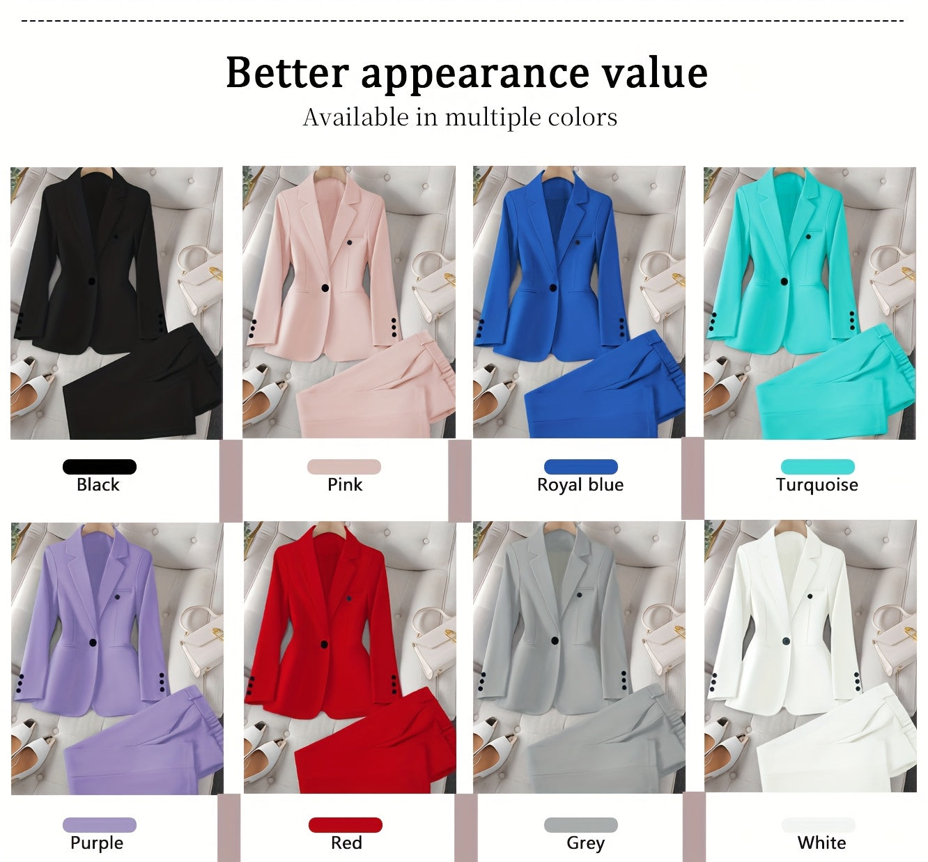 Women's Casual Two-Piece Set, Fashionable Business Style, Solid Color Long Sleeve Blazer And Pants, Polyester, Button-Up, Regular Fit, with Weekend Casual Wear