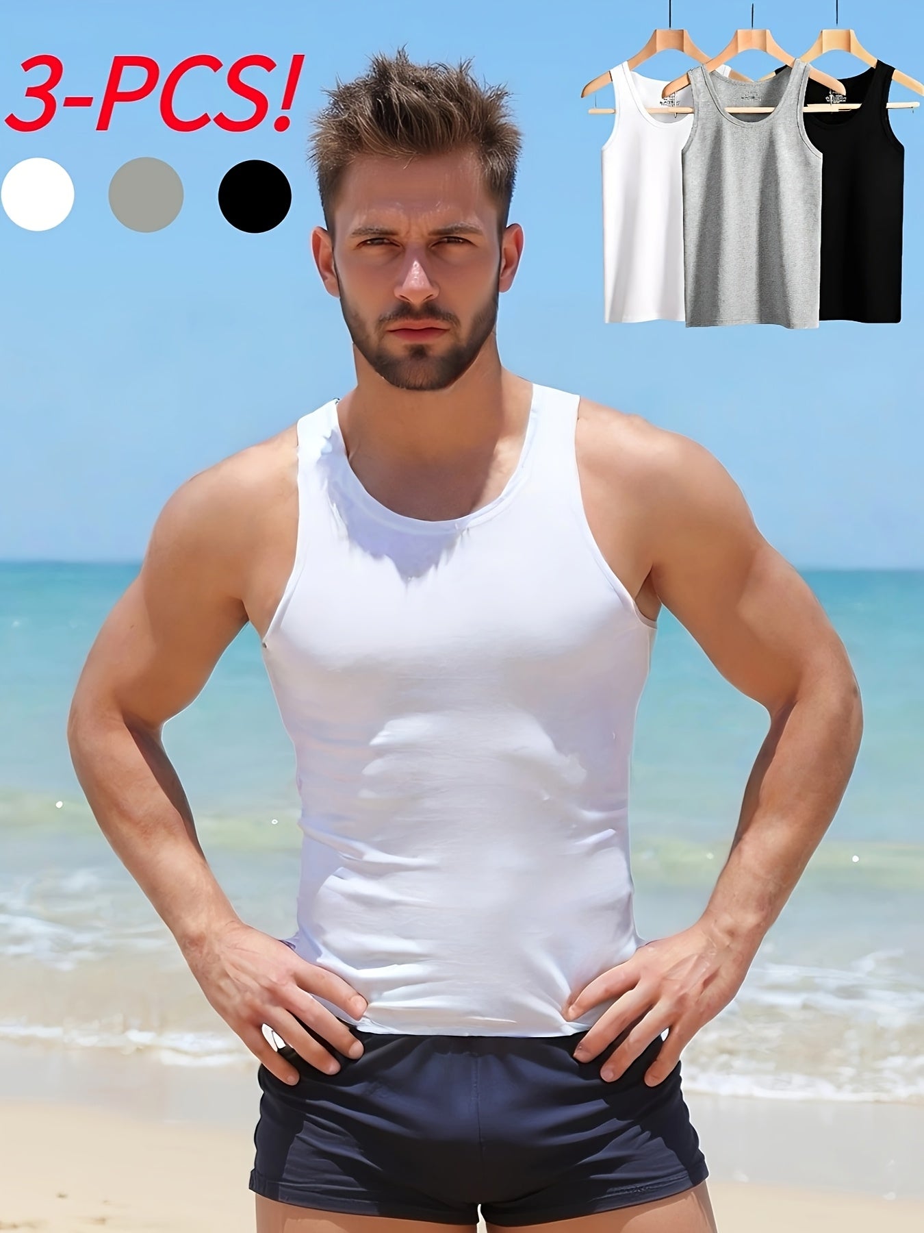 3pcs Simple Tops Pure Cotton Men's Vests And Tops Include Black, White And Gray, Suitable for Daily Wear, Sports, Going Out, Beach And Other Scenes, Spring And Summer Seasons