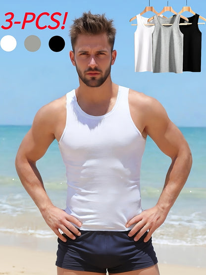 3pcs Simple Tops Pure Cotton Men's Vests And Tops Include Black, White And Gray, Suitable for Daily Wear, Sports, Going Out, Beach And Other Scenes, Spring And Summer Seasons