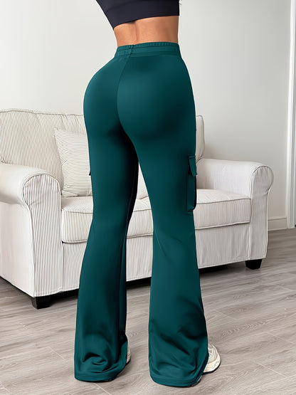 Women'S Solid Color Casual Drawstring Wide-Leg Sweatpants With Pockets, Elastic Waist Micro Flare Cargo Pants, Stretchy Pants For Daily Casual & Wear