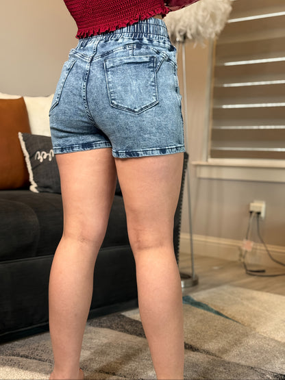 2025 New Women's High-waisted Elastic Waist Lace-up Sexy Denim Shorts
