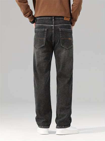Men's Warm Fleece Stretch Jeans, Loose Casual Fleece Jeans, Straight Mid-waist Fashionable Versatile Jeans, Suitable For Daily, Business, Outdoor